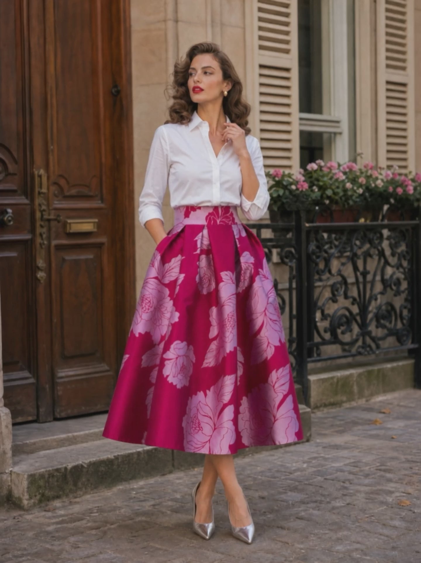 Retro French Chic Peony Floral Side Pockets Midi Skirt