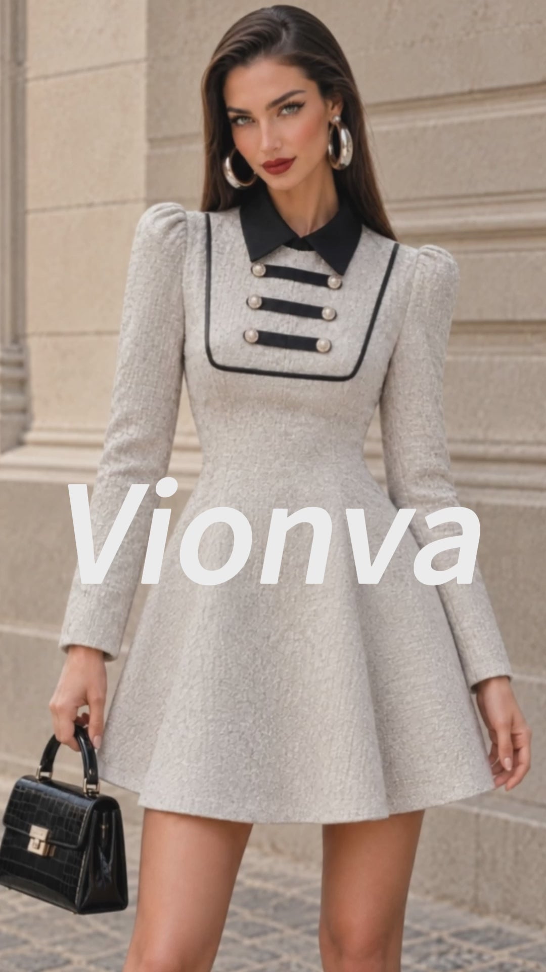 Vintage Black-Collar Pearl-Button Tweed Mini Dress