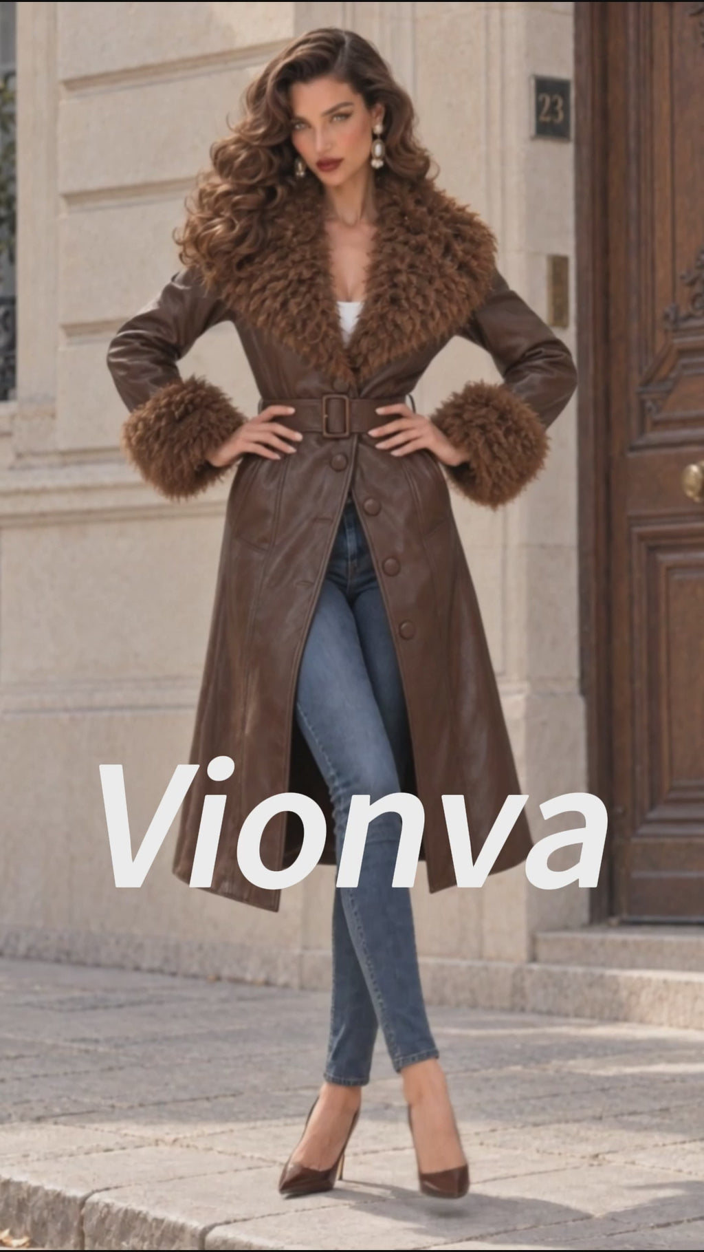 Vintage Faux Fur Collar Belted Leather Trench