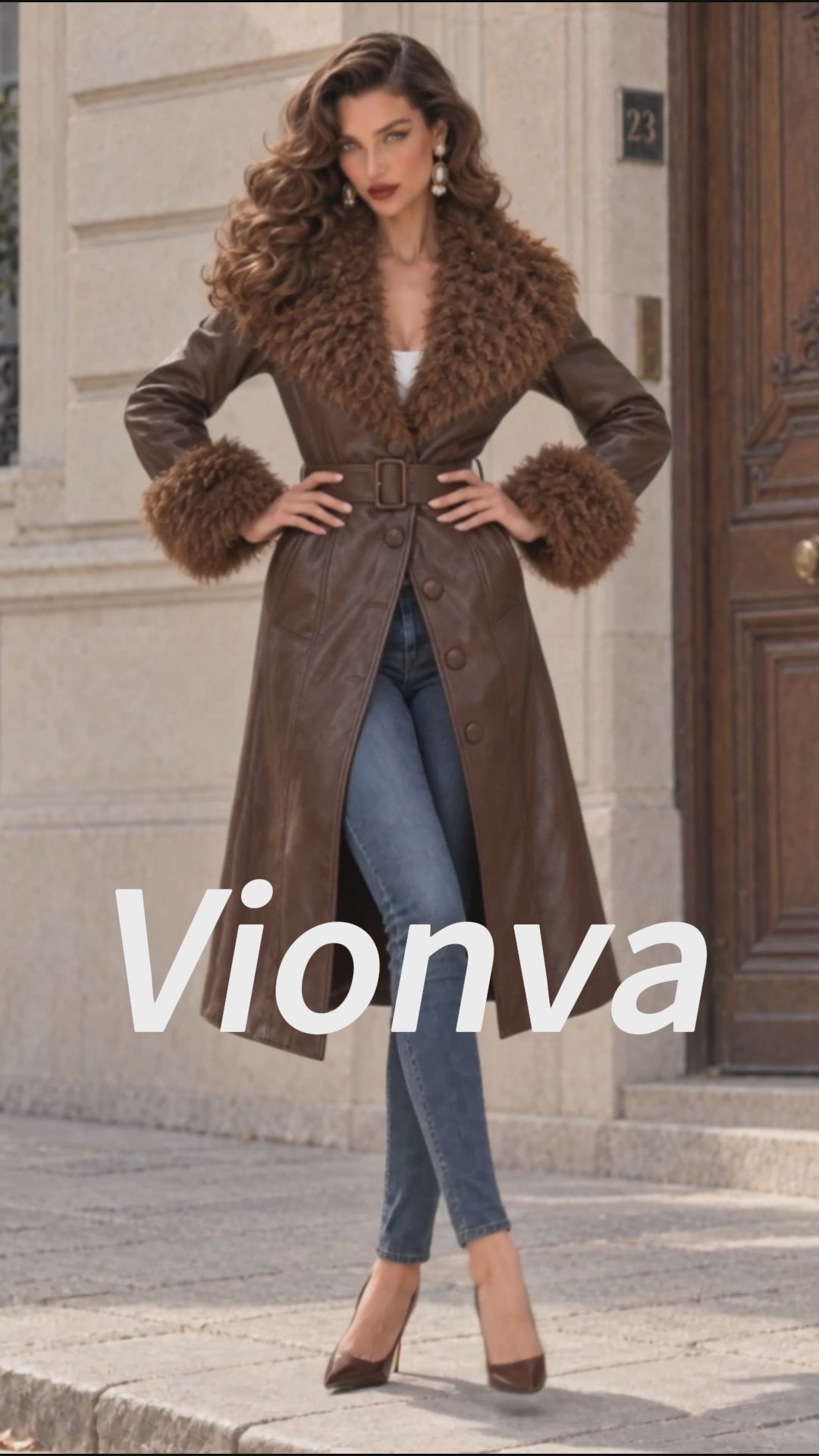 Vintage Faux Fur Collar Belted Leather Trench
