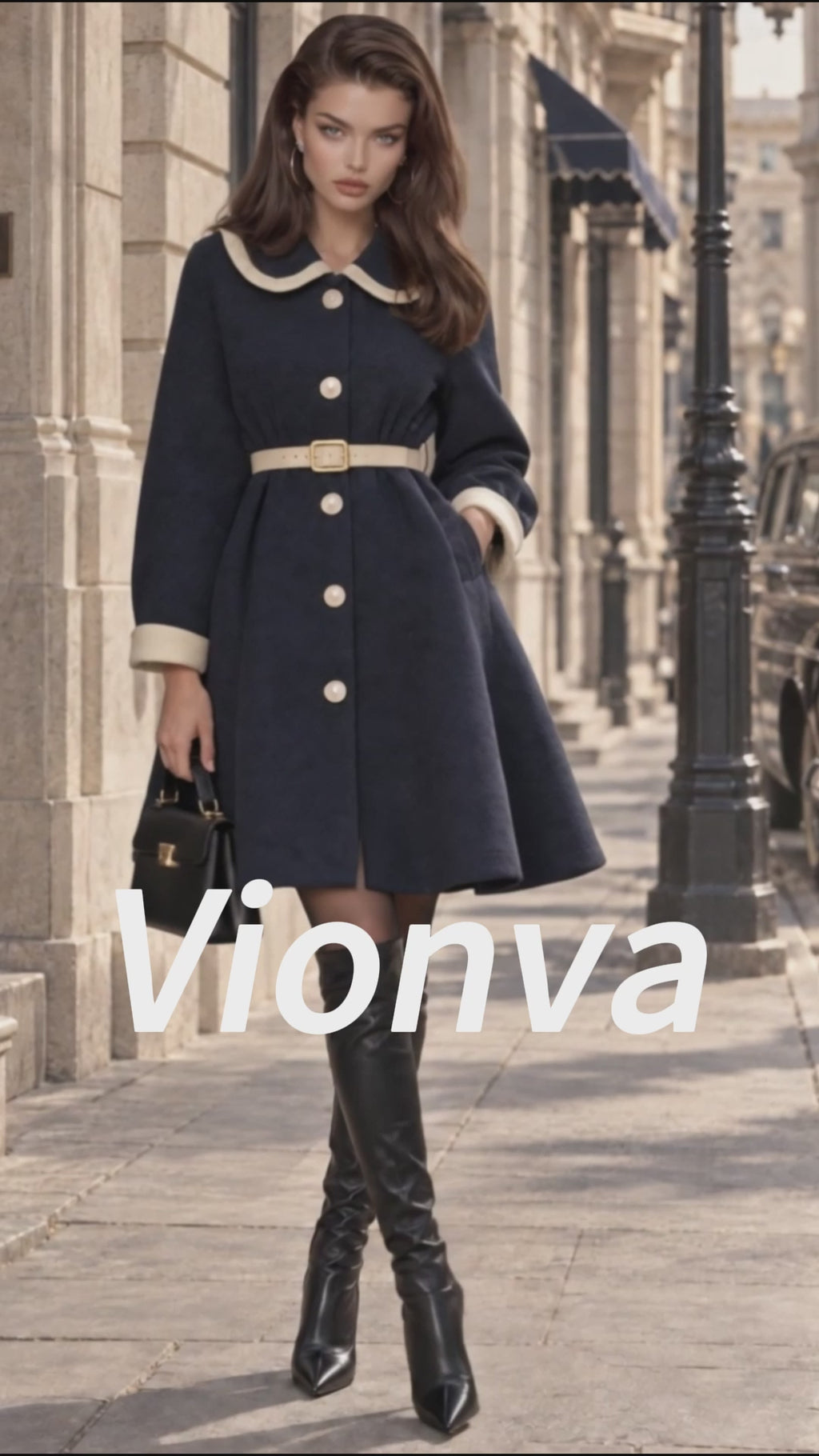 Vintage Contrast Collar Belted Wool Swing Coat