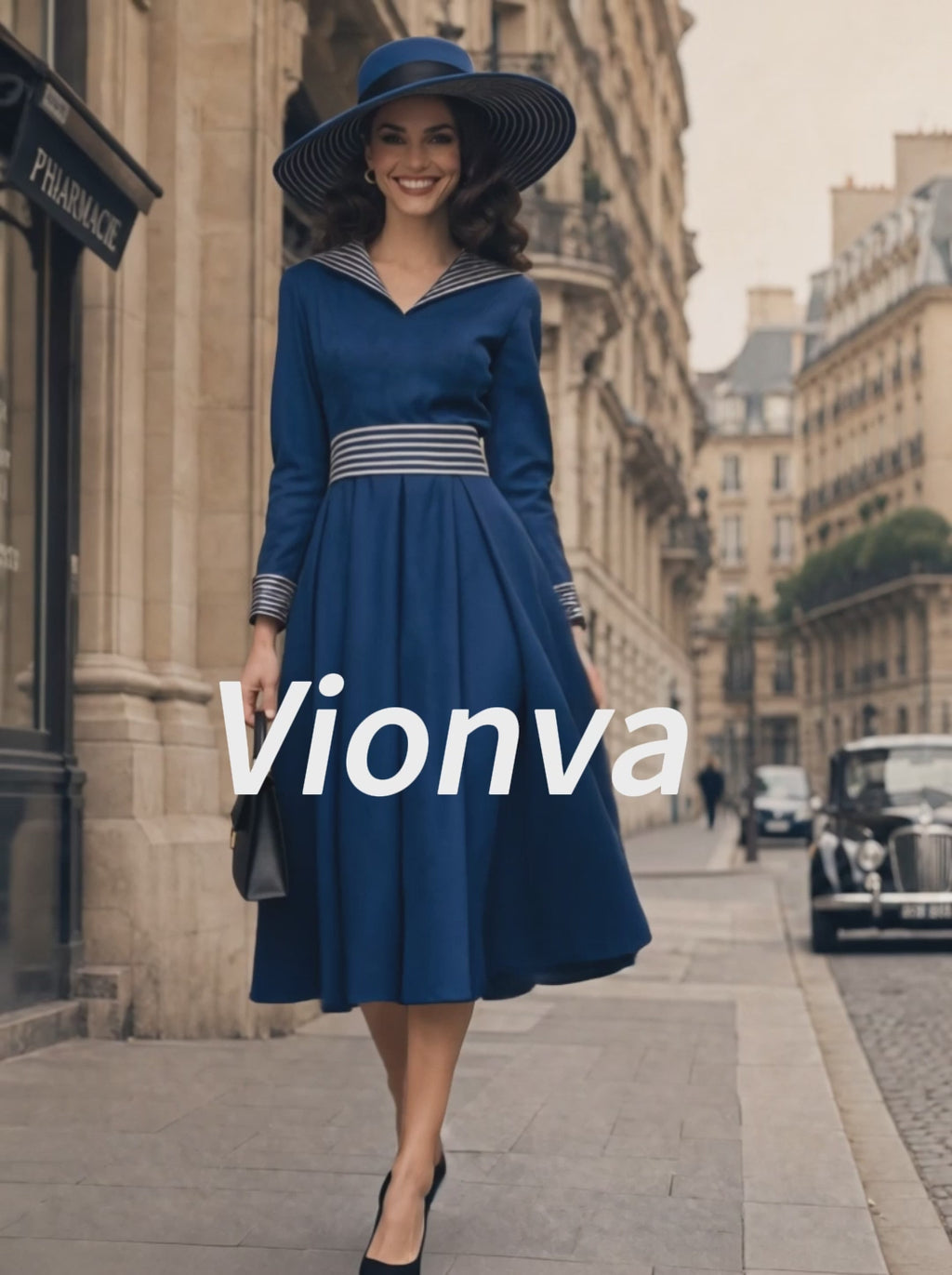 Vintage Navy Sailor-Collar Striped-Trim A-Line Midi Dress