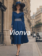Vintage Navy Sailor-Collar Striped-Trim A-Line Midi Dress