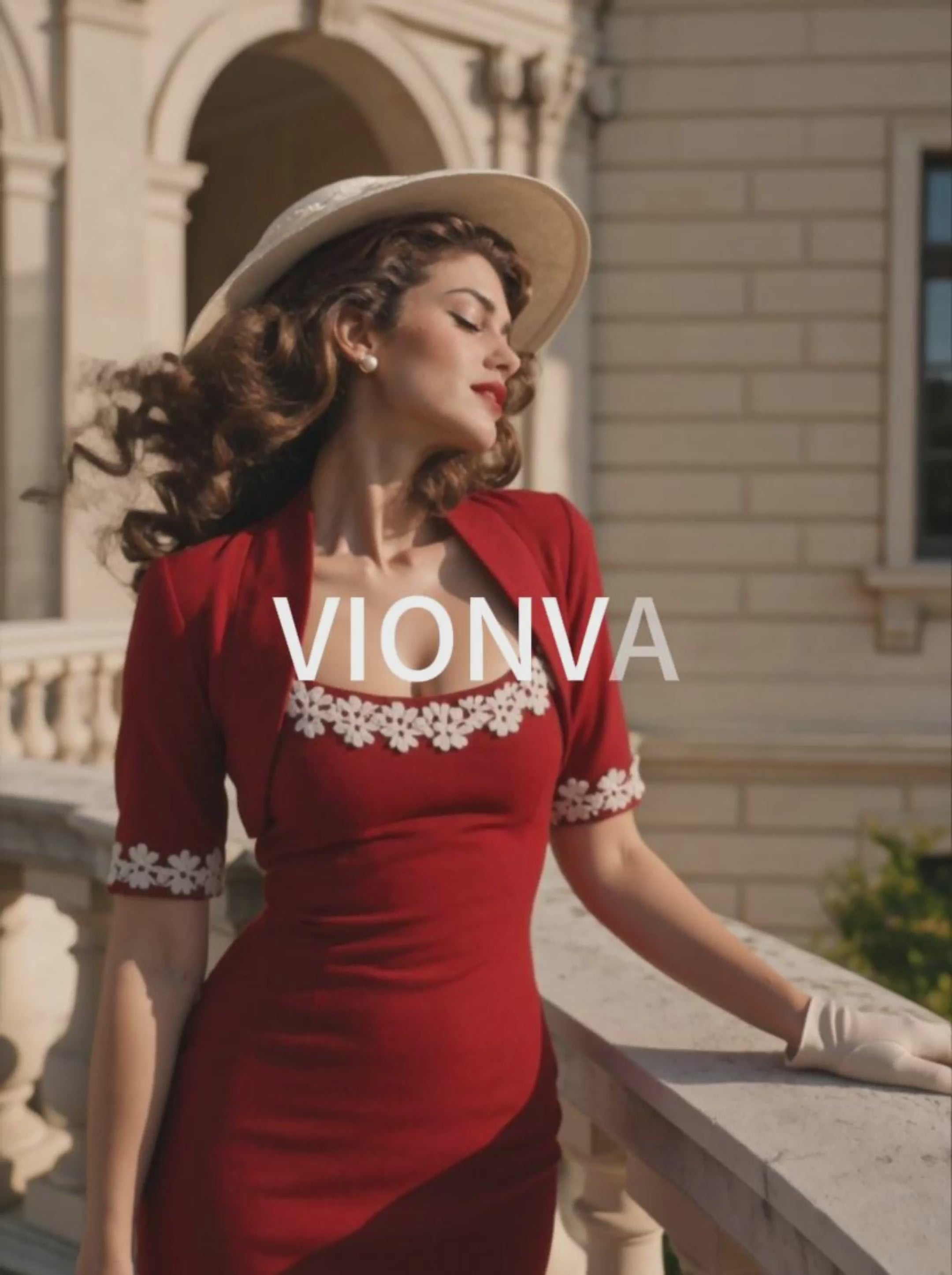 Vintage Hepburn Red Daisy Embroidered Bodycon Midi Dress