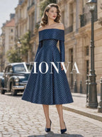 Navy Polka Dot Off‑Shoulder Satin Swing Midi Dress