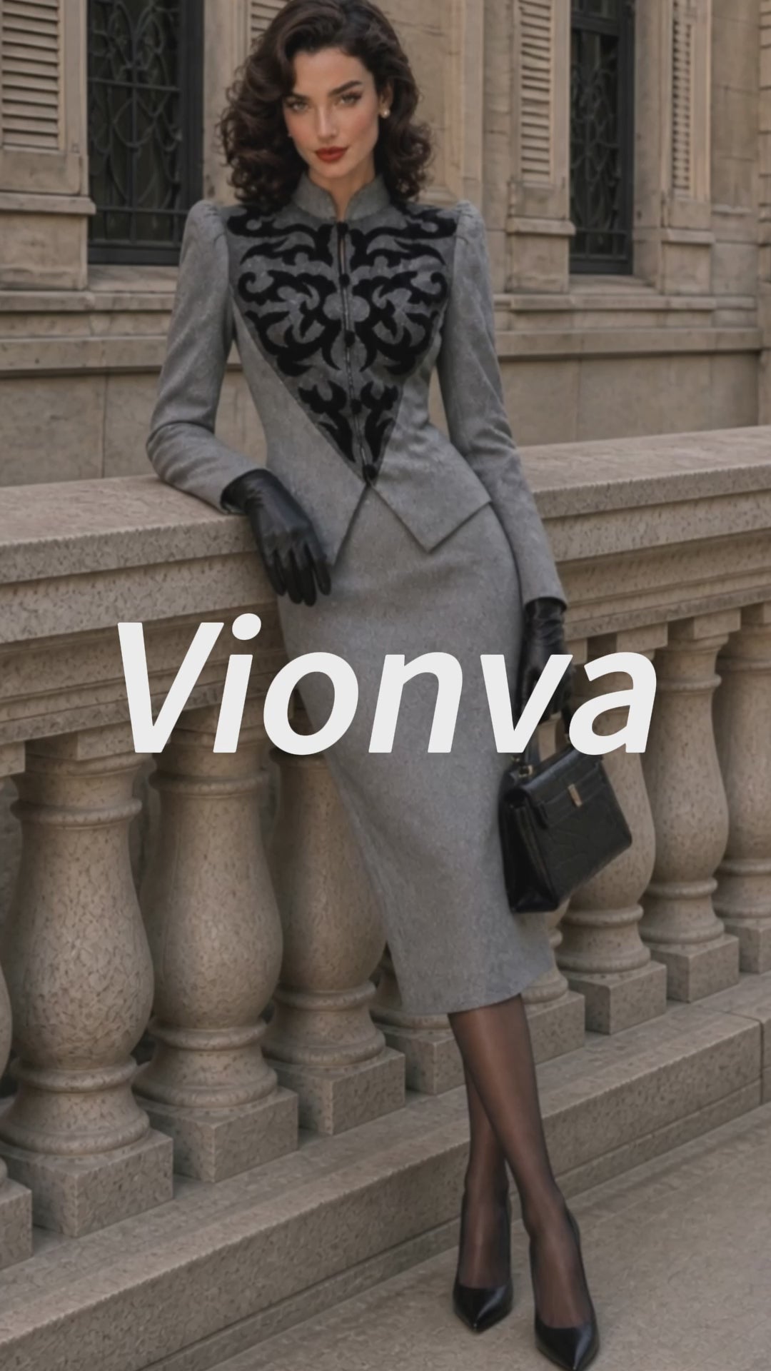 Vintage Gray Print Jacket Skirt Set
