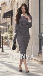 Vintage High-IQ Waist Tie Slim-Fit Midi Work Dress