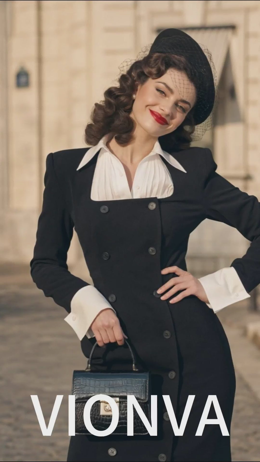 Vintage Black Illusion Two‑Piece Blazer Midi Dress Contrast Collar Double Breasted