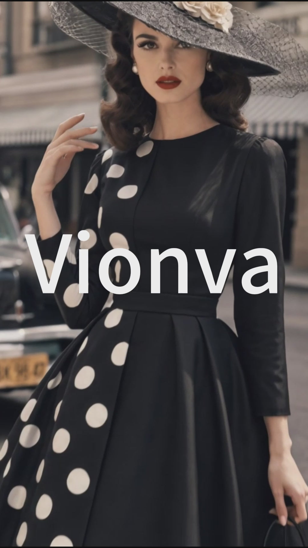 Vintage Black White Polka-Dot Panel A-Line Midi Dress