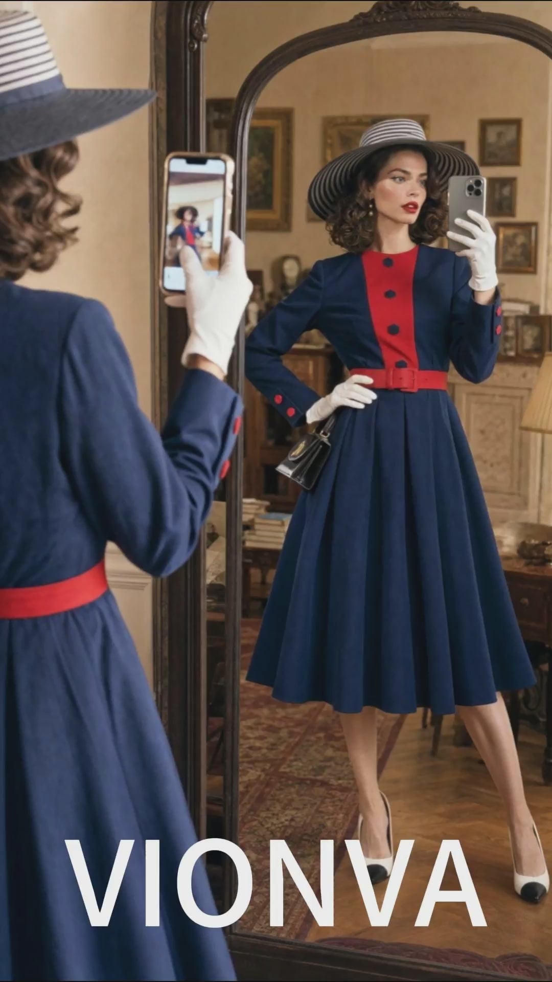Vintage 1950s Color Block Midi Dress Long Sleeve Belted Swing Formal Party Dress