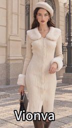 Vintage Cream Ribbed Knit Faux Fur Collar Midi Dress