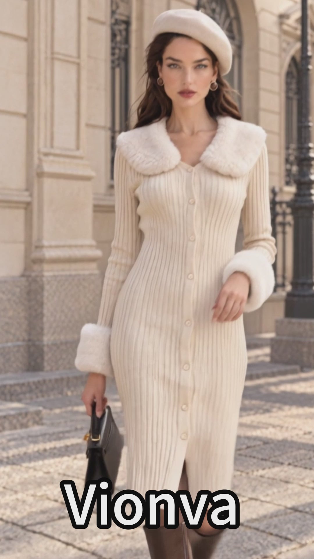 Vintage Cream Ribbed Knit Faux Fur Collar Midi Dress