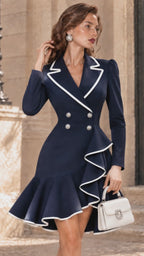 Vintage Navy Blue Contrast-Piping Double-Breasted Ruffle-Hem Blazer Dress