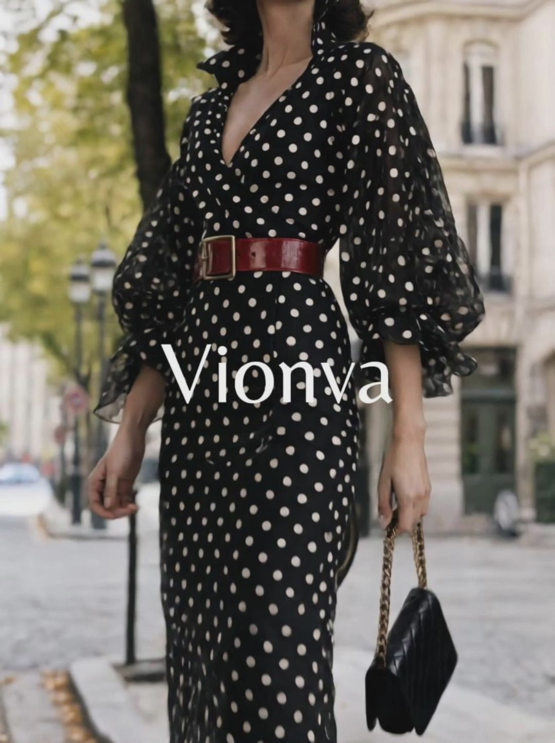 Vintage V-neck Polka Dot Print Midi Dress
