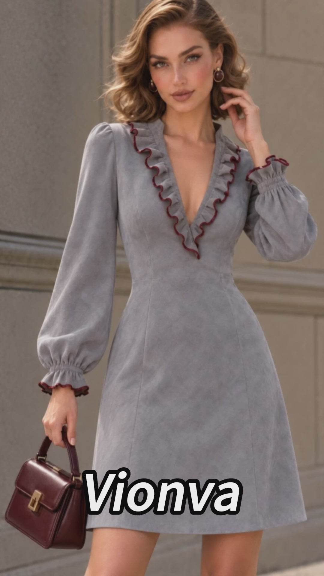 Vintage Faux Suede Ruffle V-Neck Mini Dress