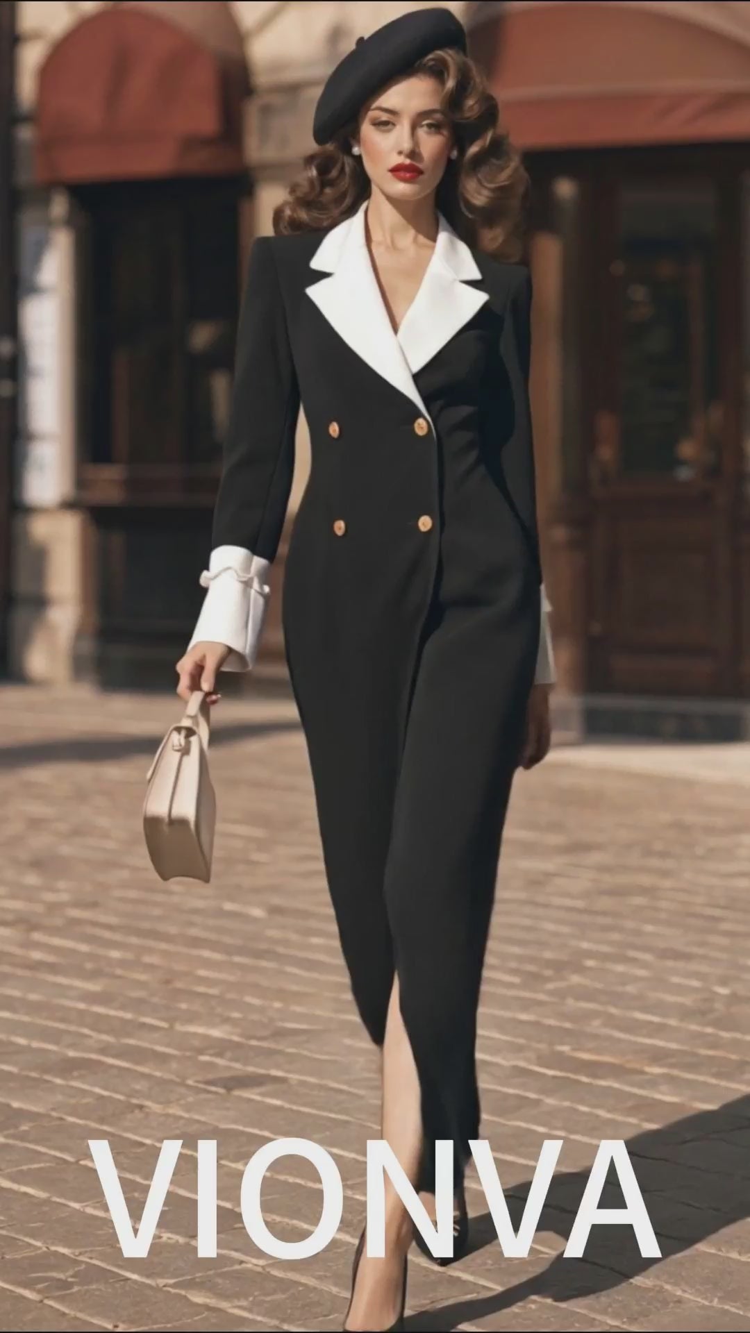 Vintage Black Illusion Two‑Piece Blazer Maxi Dress Contrast Lapel Double Breasted