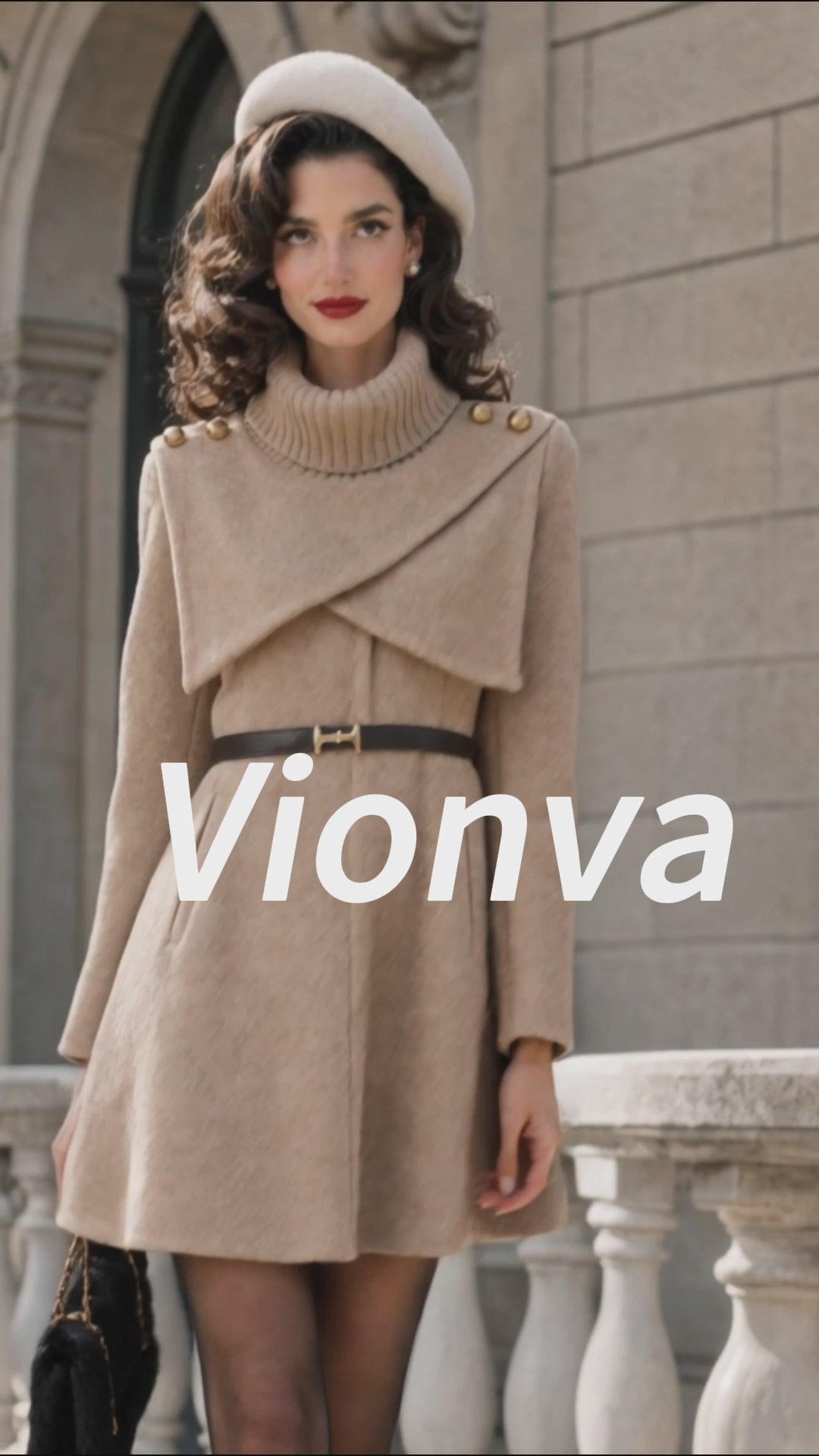 Vintage Camel Turtleneck Capelet Belted Wool A-Line Dress