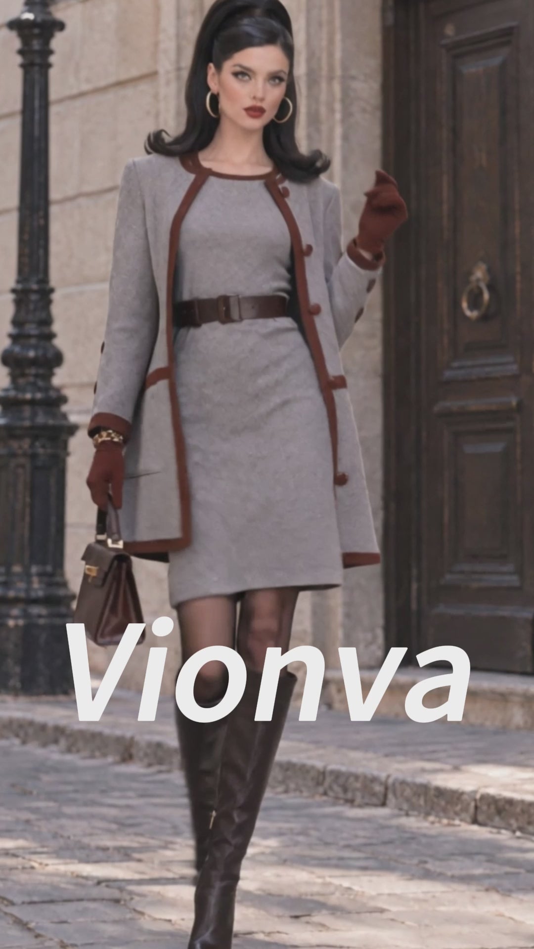 Vintage Contrast Trim Coat Dress Two Piece Set