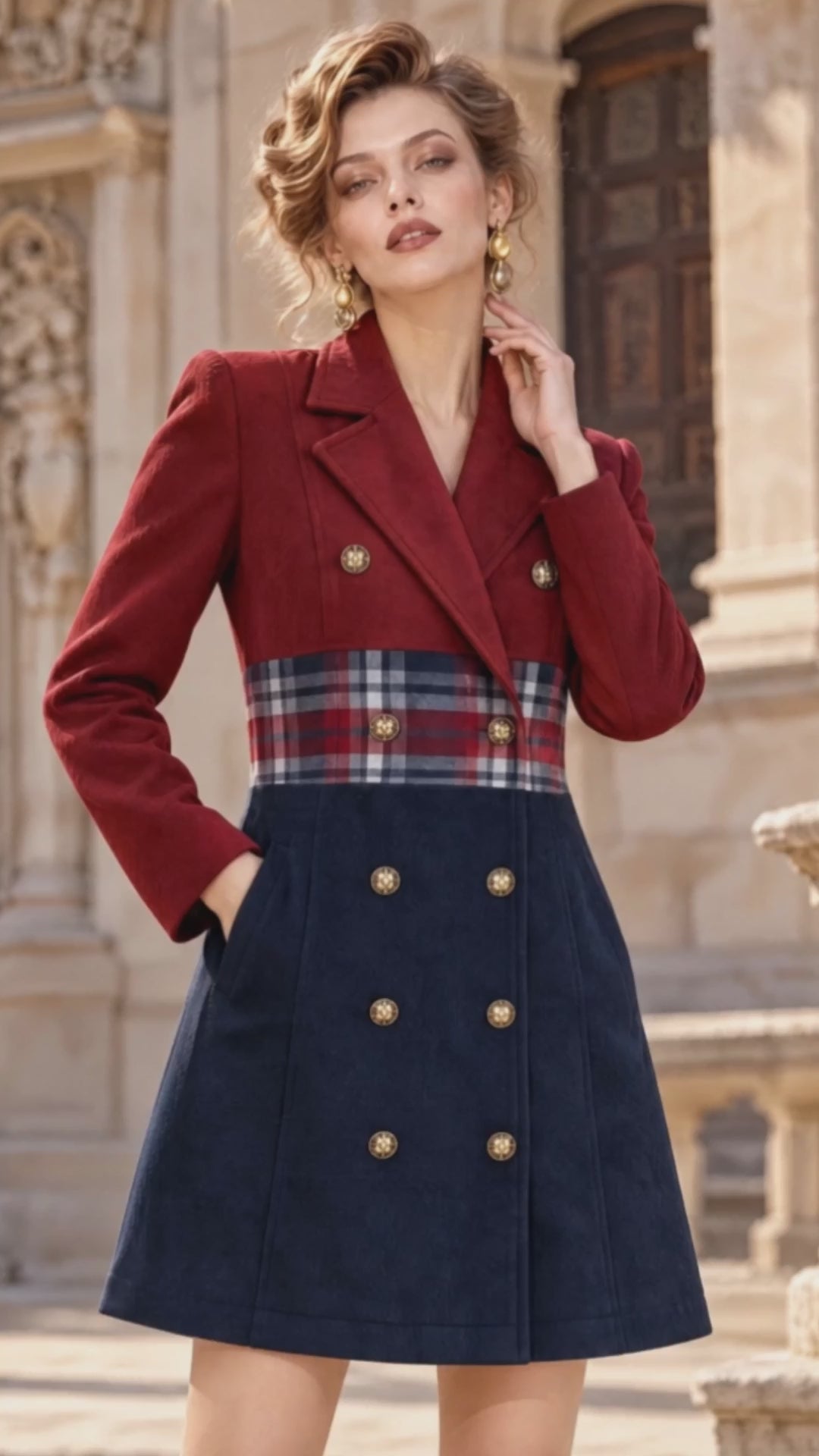 Retro Notched Lapel Double‑Breasted Midi Dress Coat