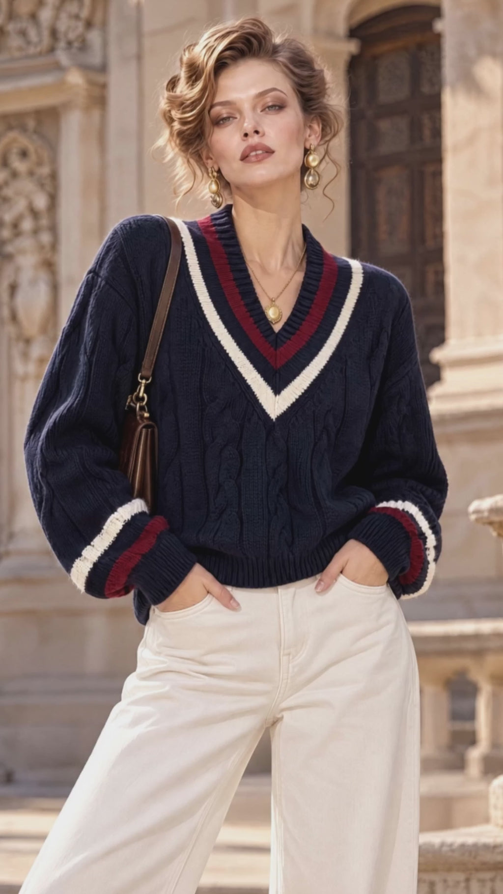 Retro Cable Knit V Neck Preppy Sweater Top