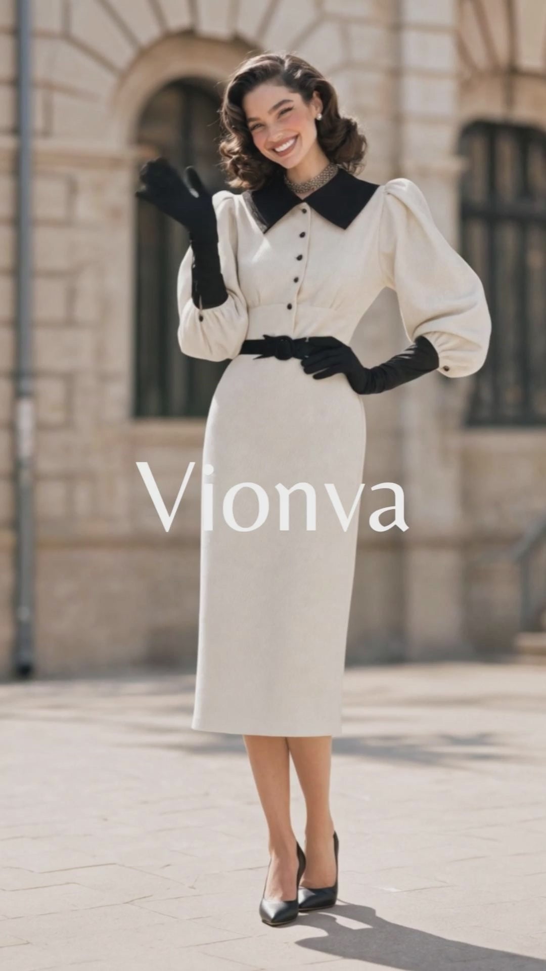 Vintage Contrast Color Puff Sleeve Lapel Bodycon Midi Dress