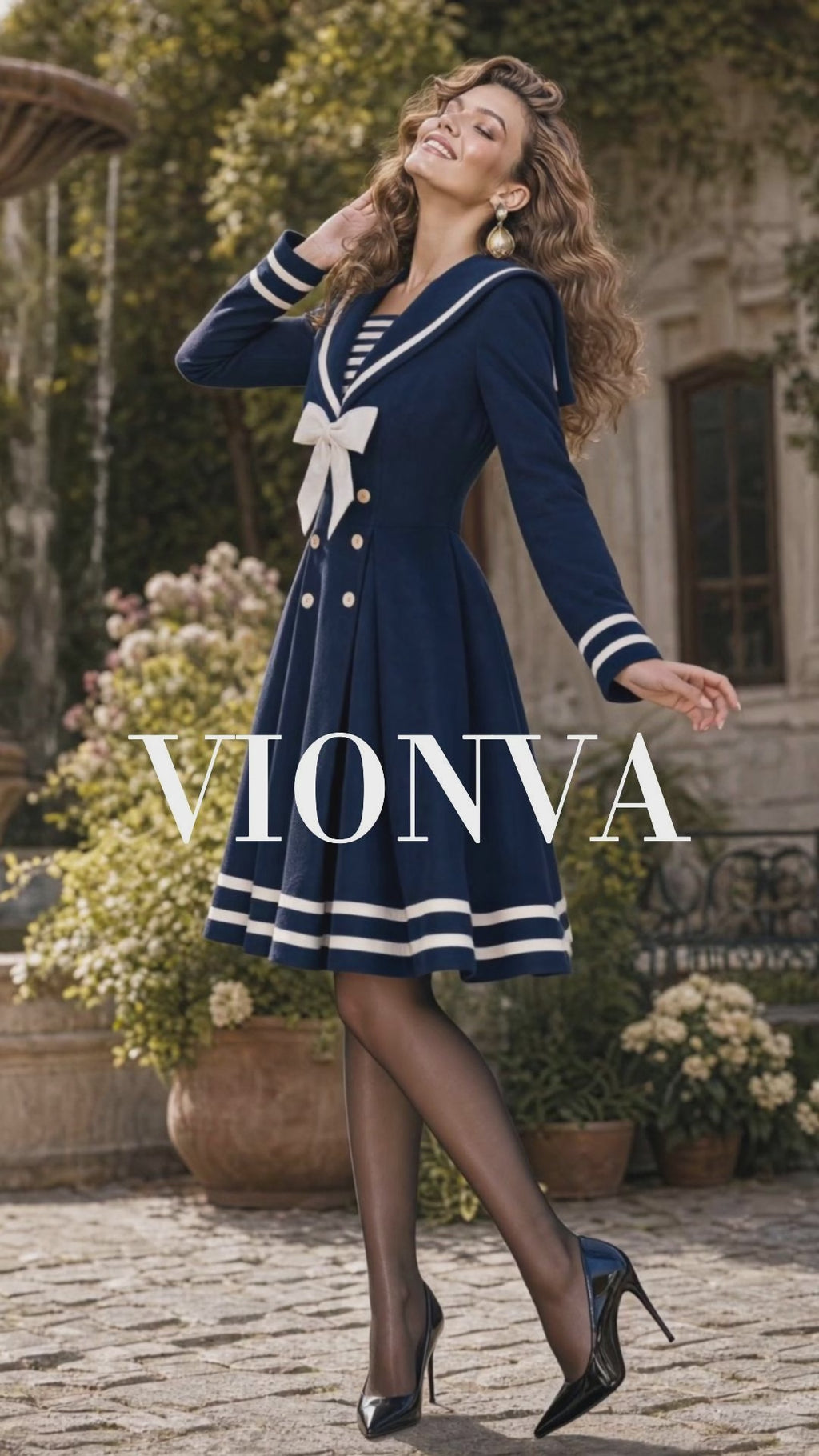 Retro Nautical White Bow Midi Dress