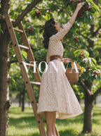 Vintage Cherry Print Puff Sleeve A-Line Midi Dress