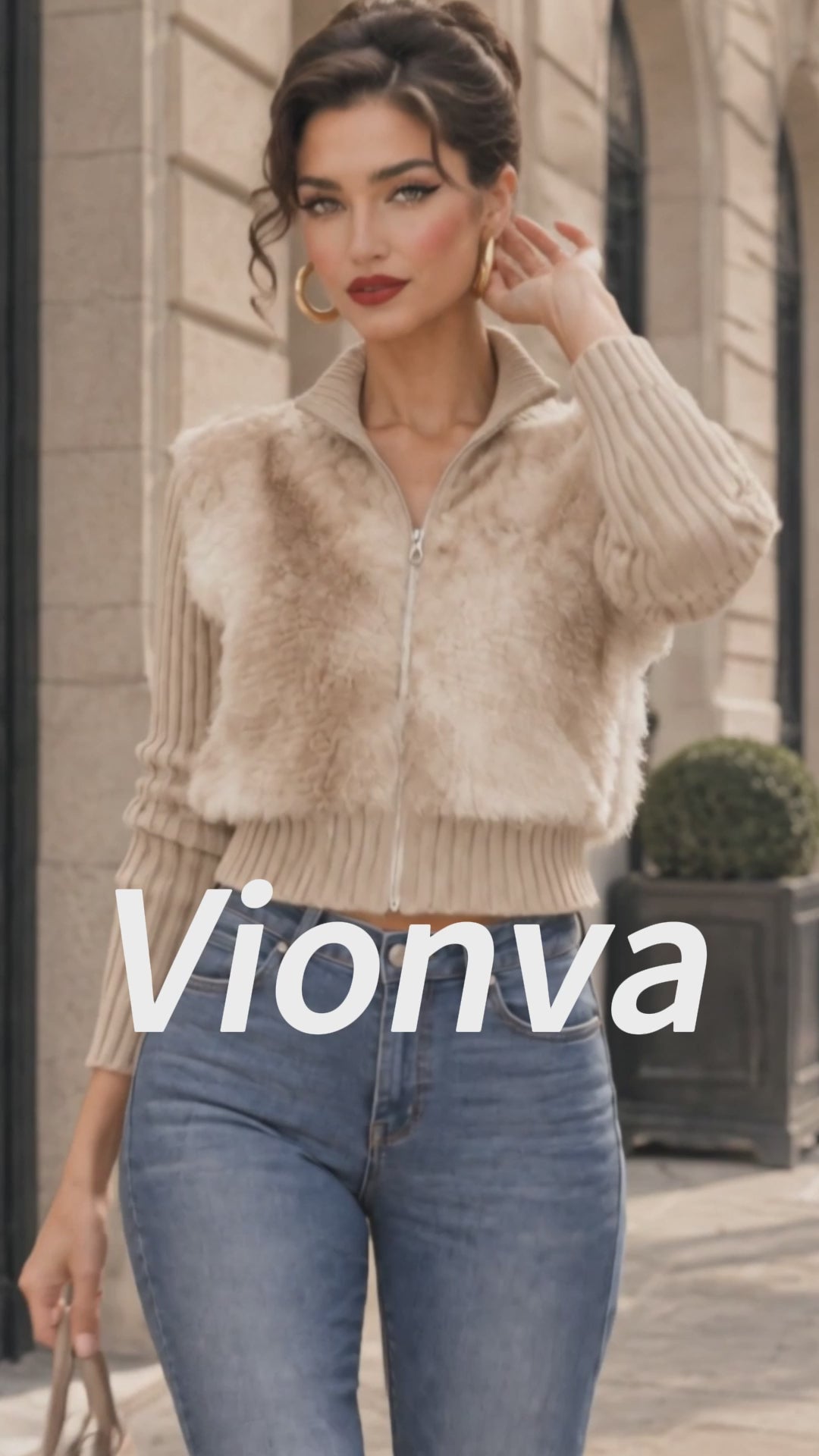 Vintage Fuzzy Faux Fur Zip Knit Jacket