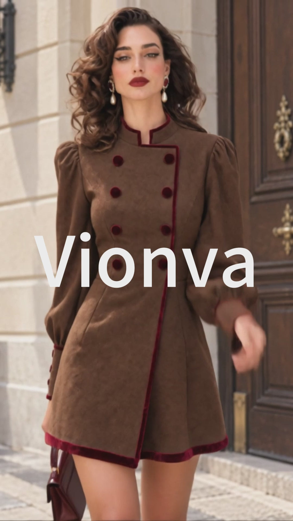 Vintage Velvet-Trim Stand-Collar Suede Mini Dress
