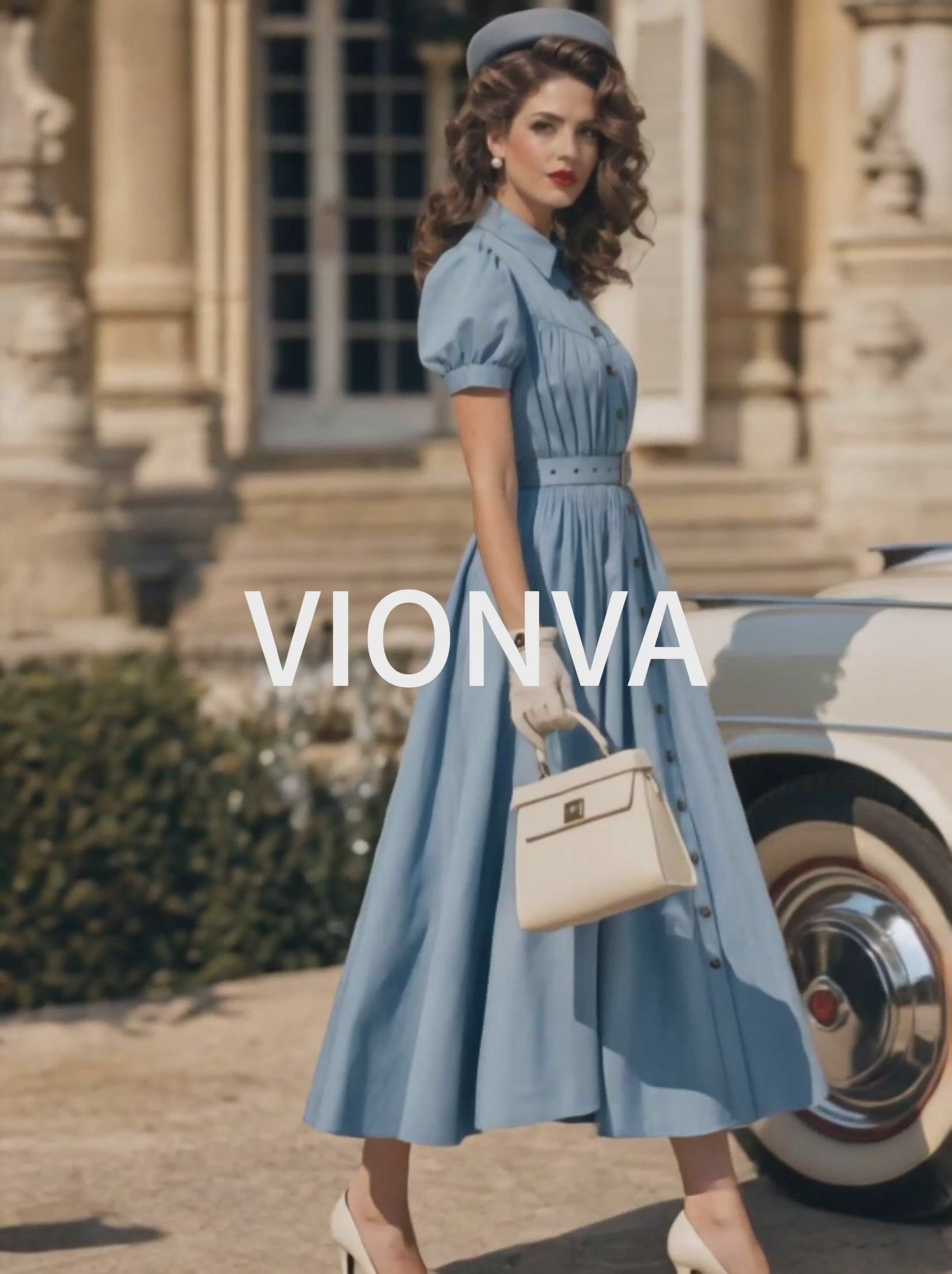 Vintage Blue Puff Sleeve Button Front Belted Shirt Midi Dress