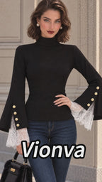 Vintage Black Mock Neck Lace Cuff Bell Sleeve Shirt