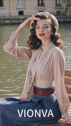 Vintage Two‑Piece Set Choker Tie Blouse Gingham Paperbag Waist Midi Skirt