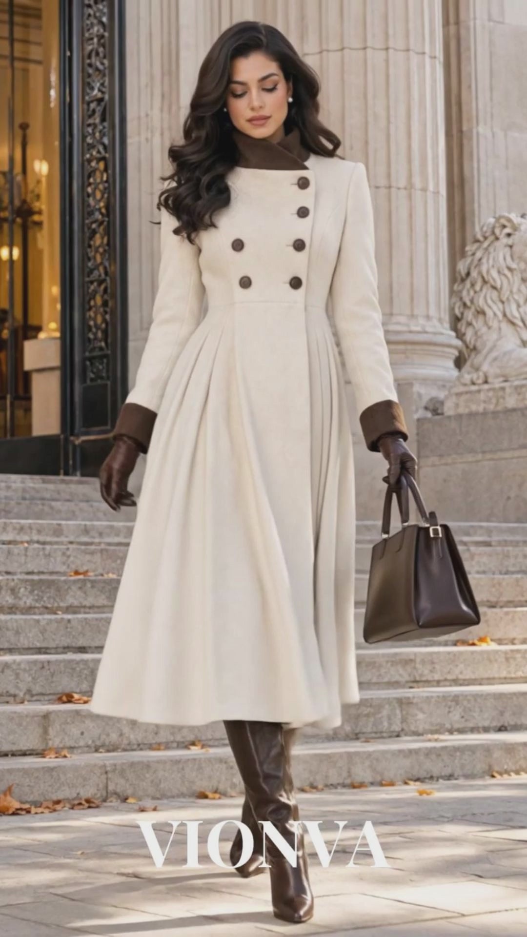 Vintage Color Block Stand Collar Fitted Waist Wool Coat
