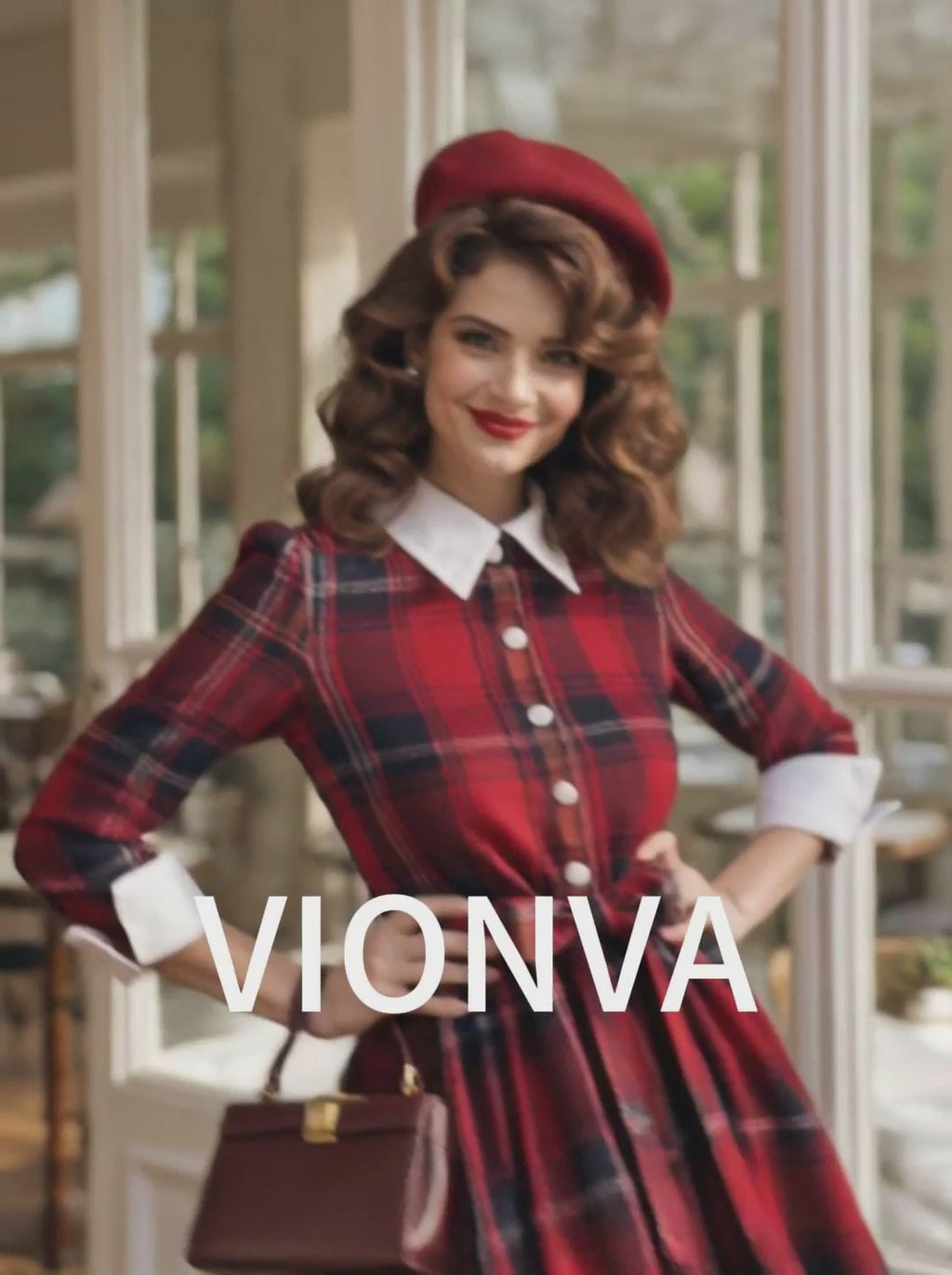 Vintage Red Tartan Collared Belted Ruffle Hem Midi Dress