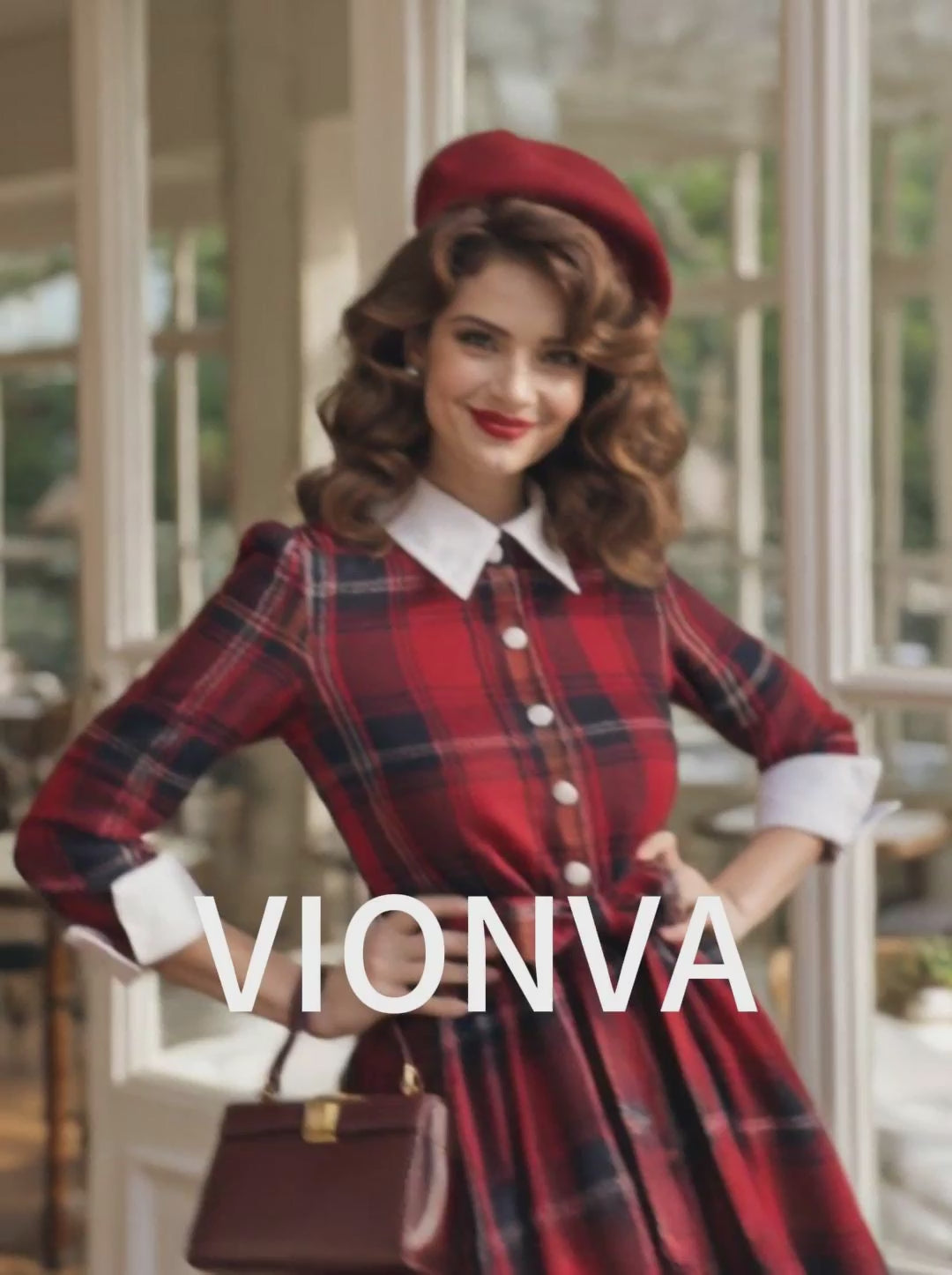 Vintage Red Tartan Collared Belted Ruffle Hem Midi Dress