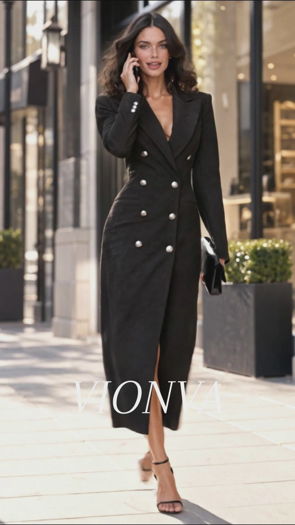 Vintage Fitted Black Double Breasted Blazer Midi Dress
