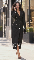 Vintage Fitted Black Double Breasted Blazer Midi Dress