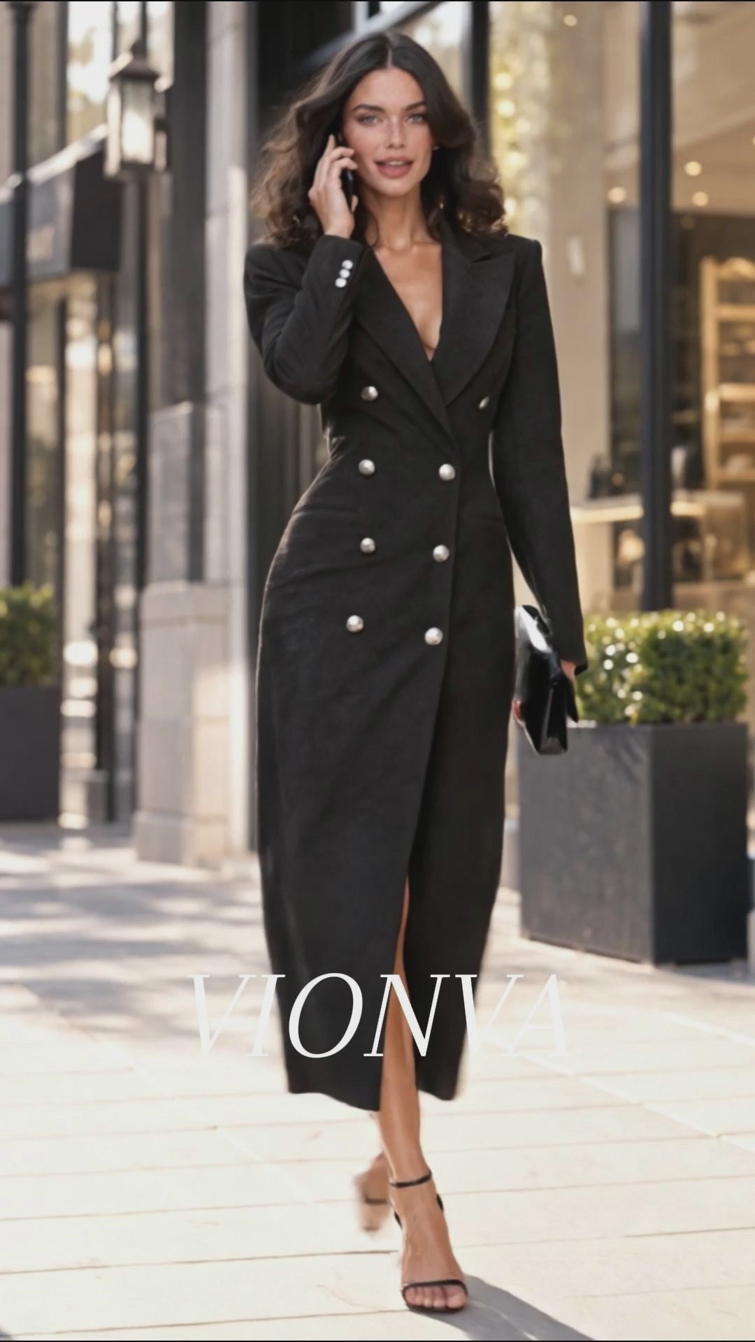 Vintage Fitted Black Double Breasted Blazer Midi Dress