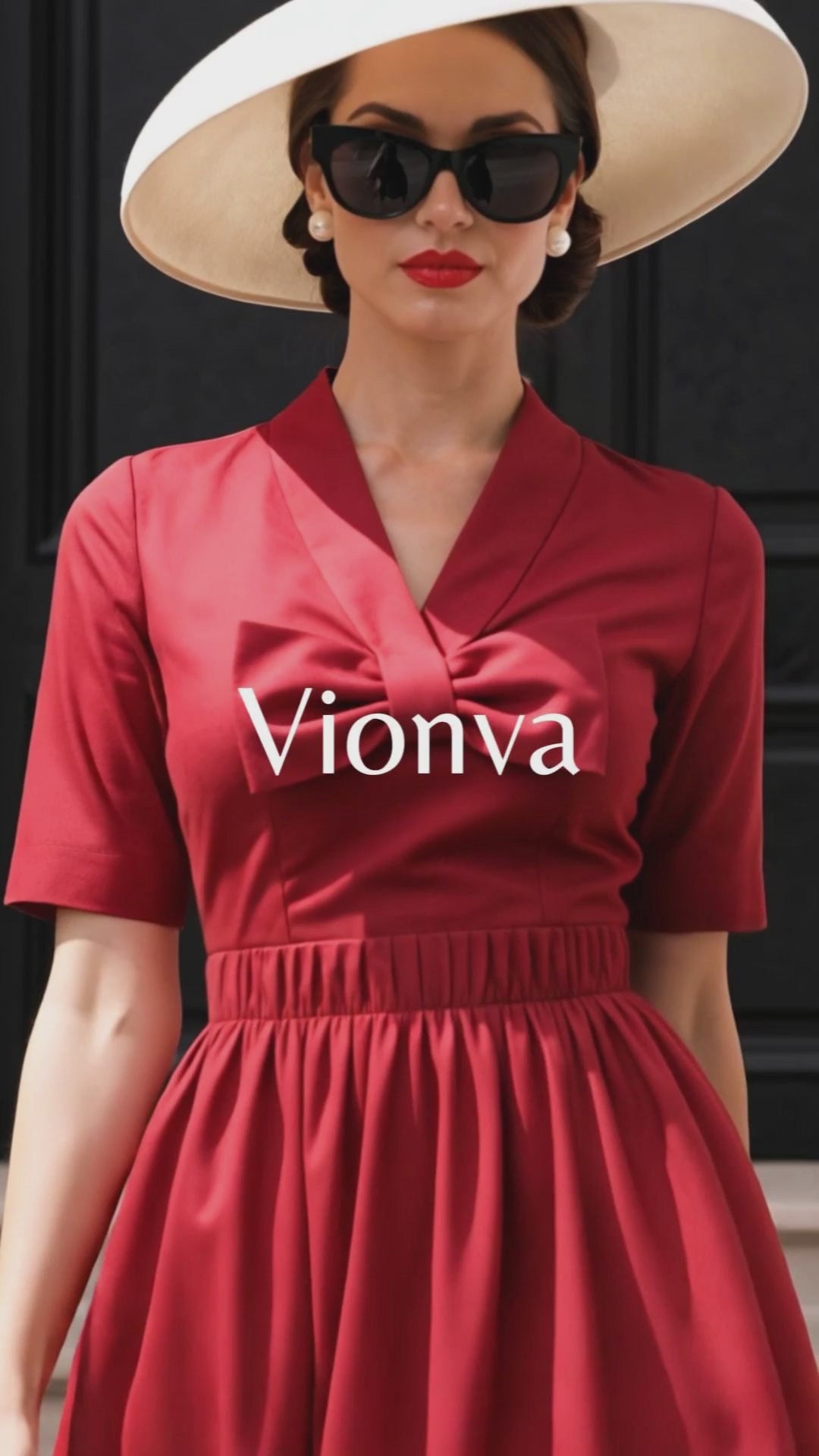 Vintage V Neck Bow Pleat Midi Dress