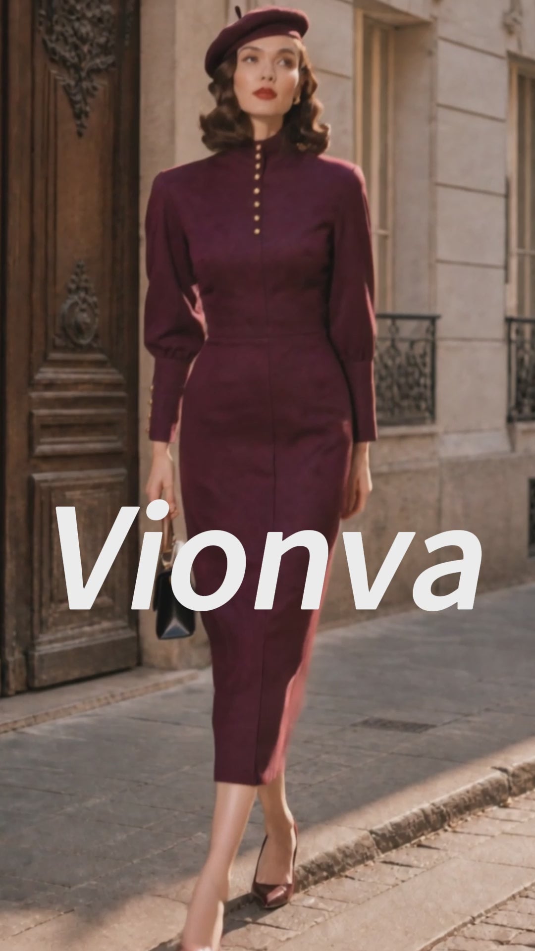 Vintage Burgundy Stand-Collar Button-Front Bodycon Midi Dress