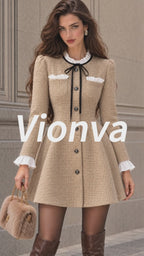 Vintage Ruffle-Collar Bow-Tie Tweed Mini Dress