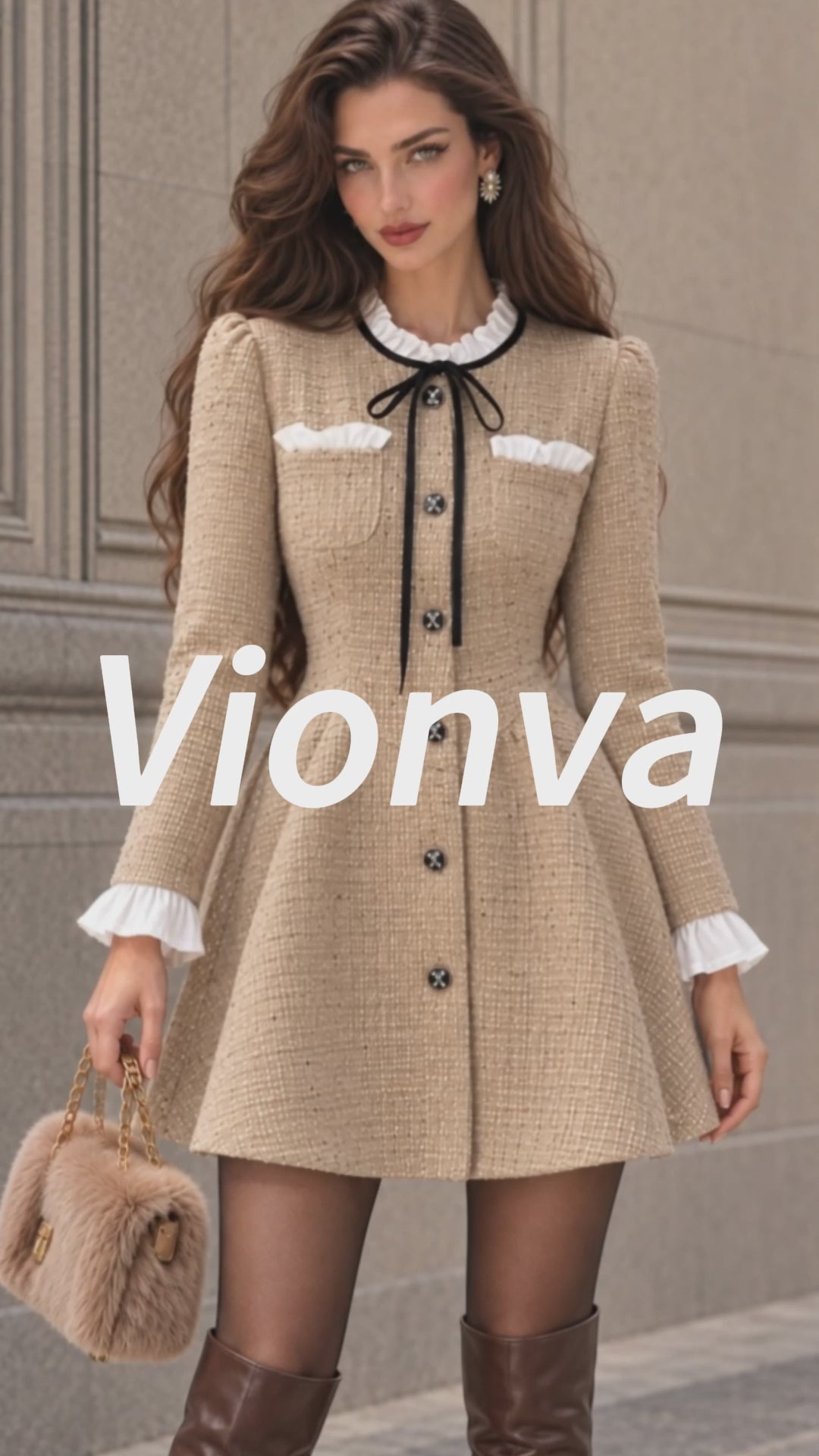 Vintage Ruffle-Collar Bow-Tie Tweed Mini Dress