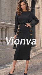 Vintage Gold-Button Dolman Ribbed Knit Midi Dress