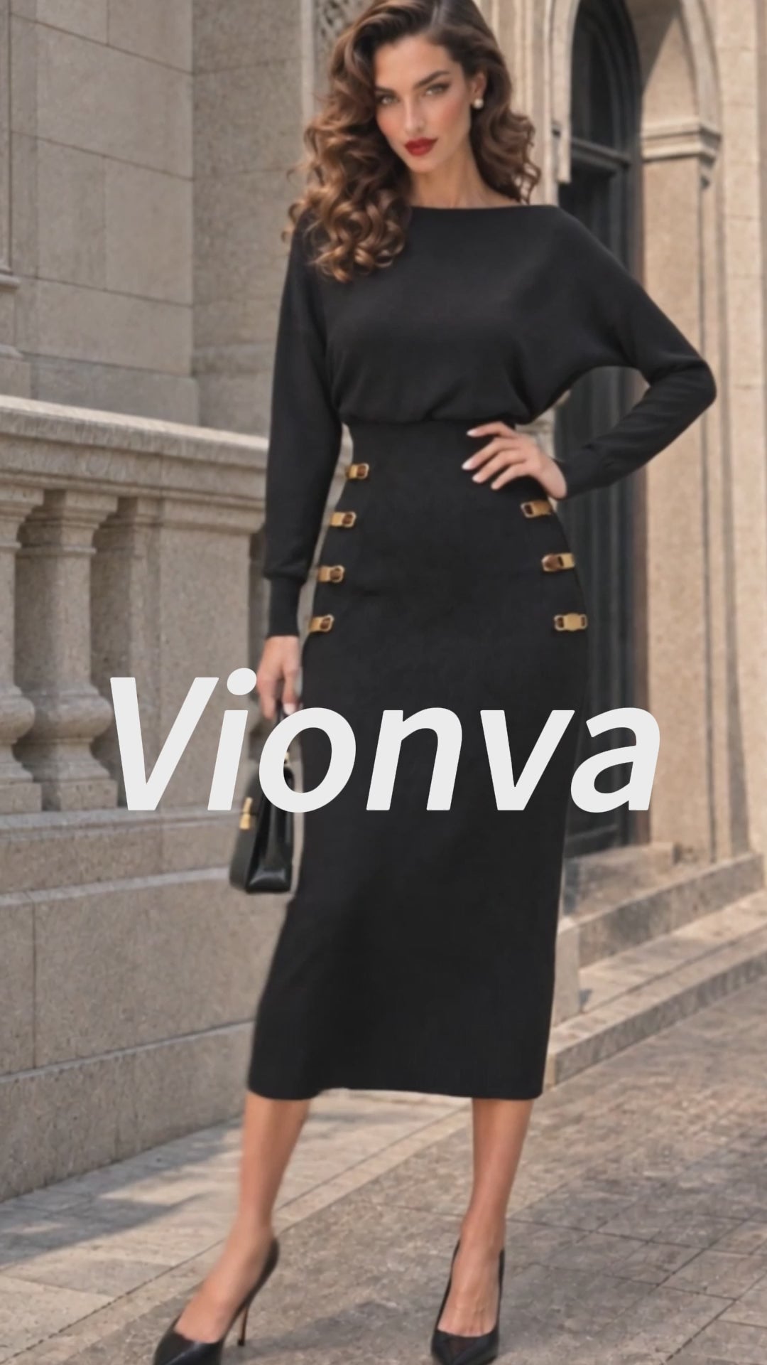 Vintage Gold-Button Dolman Ribbed Knit Midi Dress