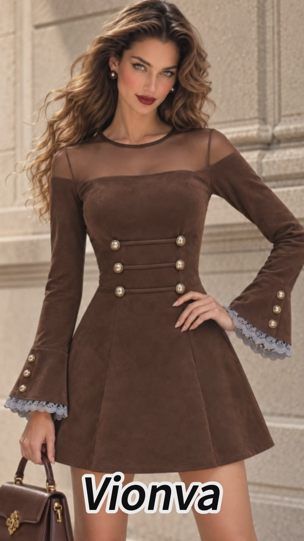Vintage Mesh Yoke Faux Suede Mini Dress