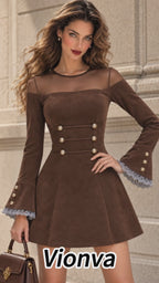 Vintage Mesh Yoke Faux Suede Mini Dress