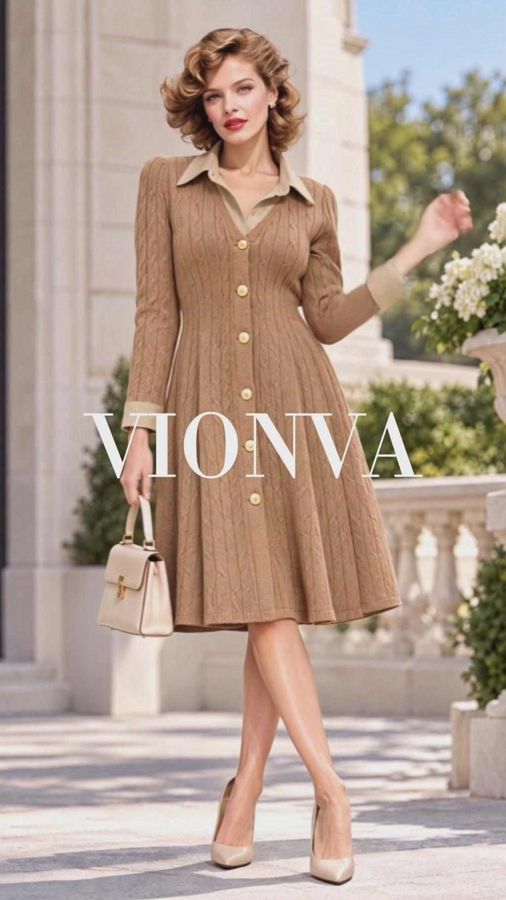 Retro Faux Collar Cable Knit Midi Dress