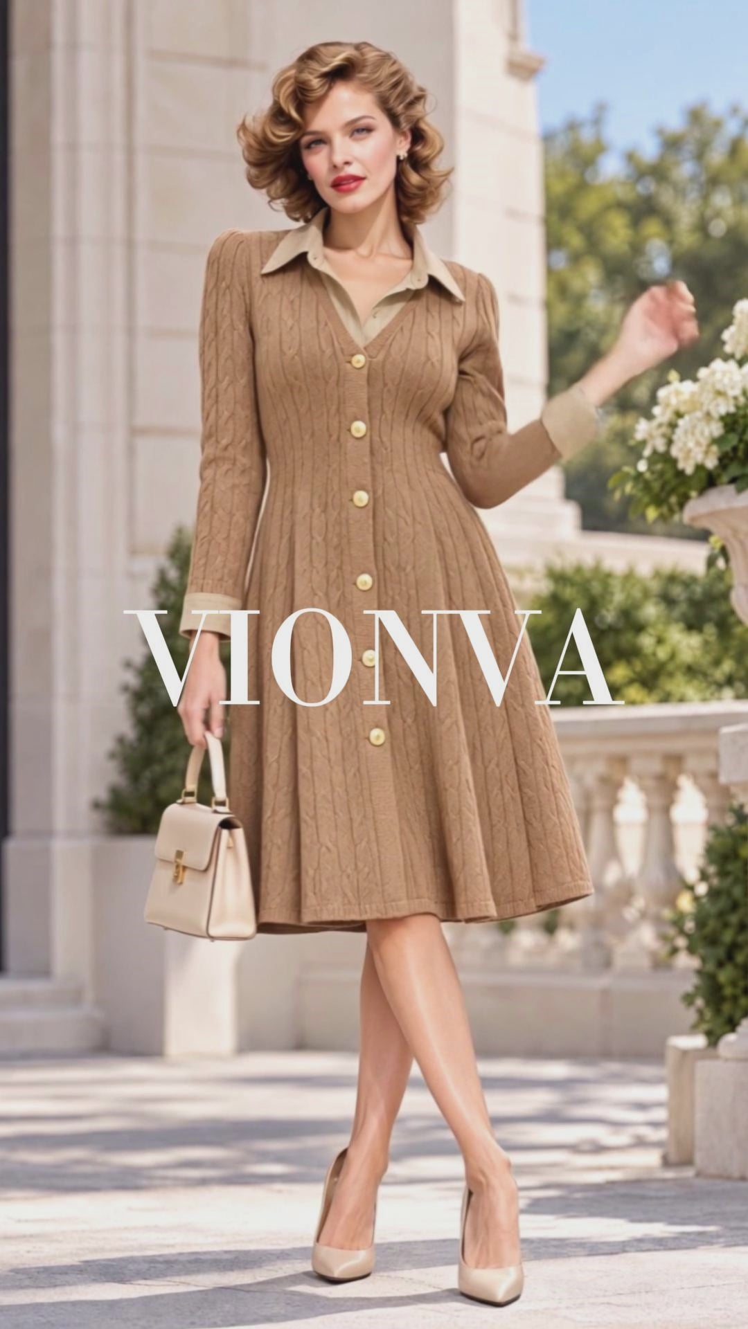Retro Faux Collar Cable Knit Midi Dress