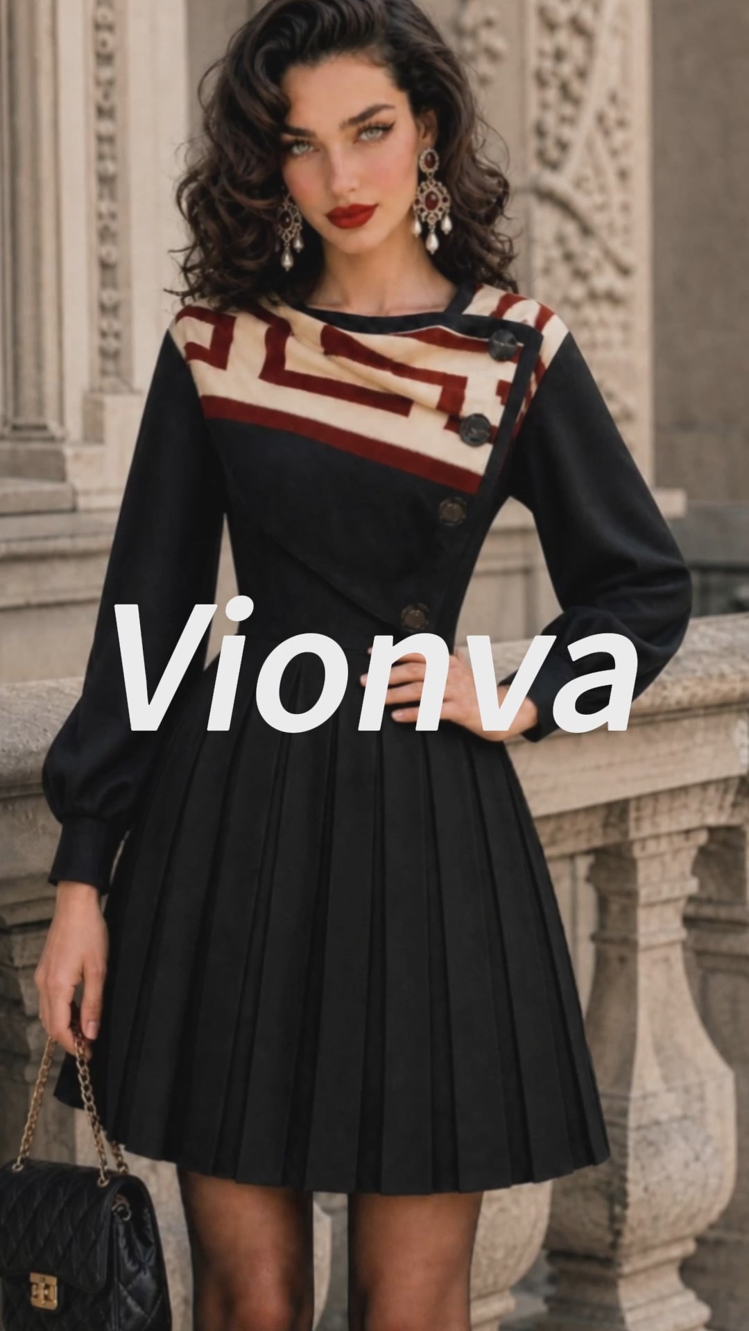 Vintage Geometric Black Buttoned Pleated Mini Dress