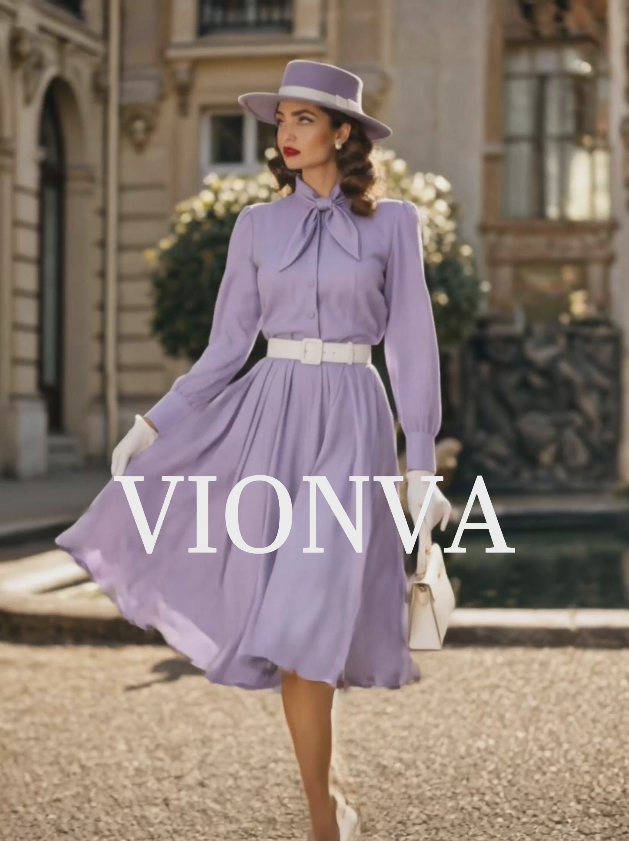 Vintage Lavender Bow Tie Neck Blouse & Full Midi Skirt